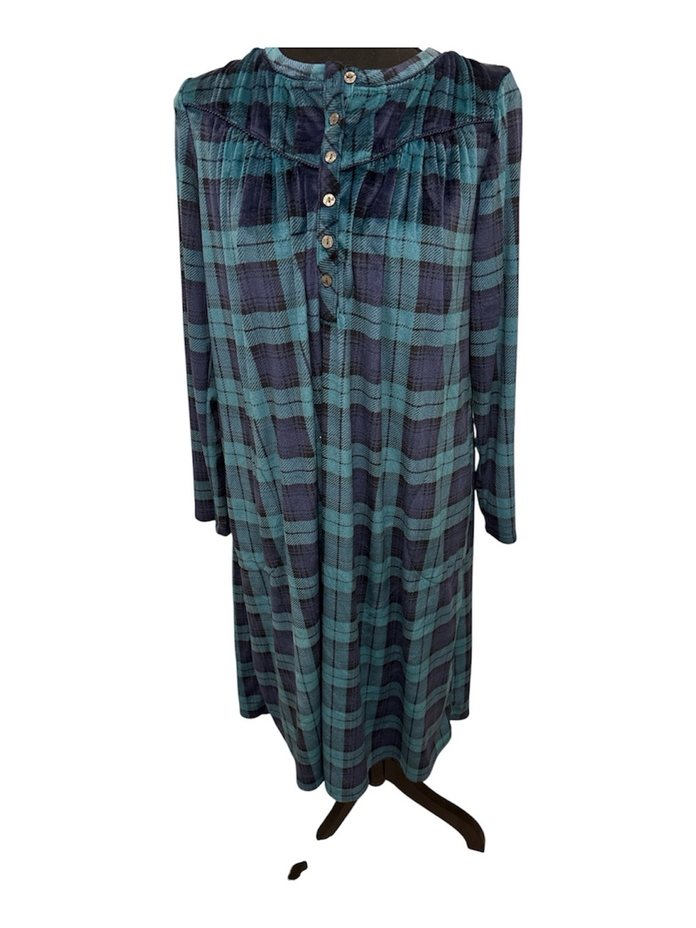 Aria Teal and Navy Plaid Long-Sleeve Nightgown